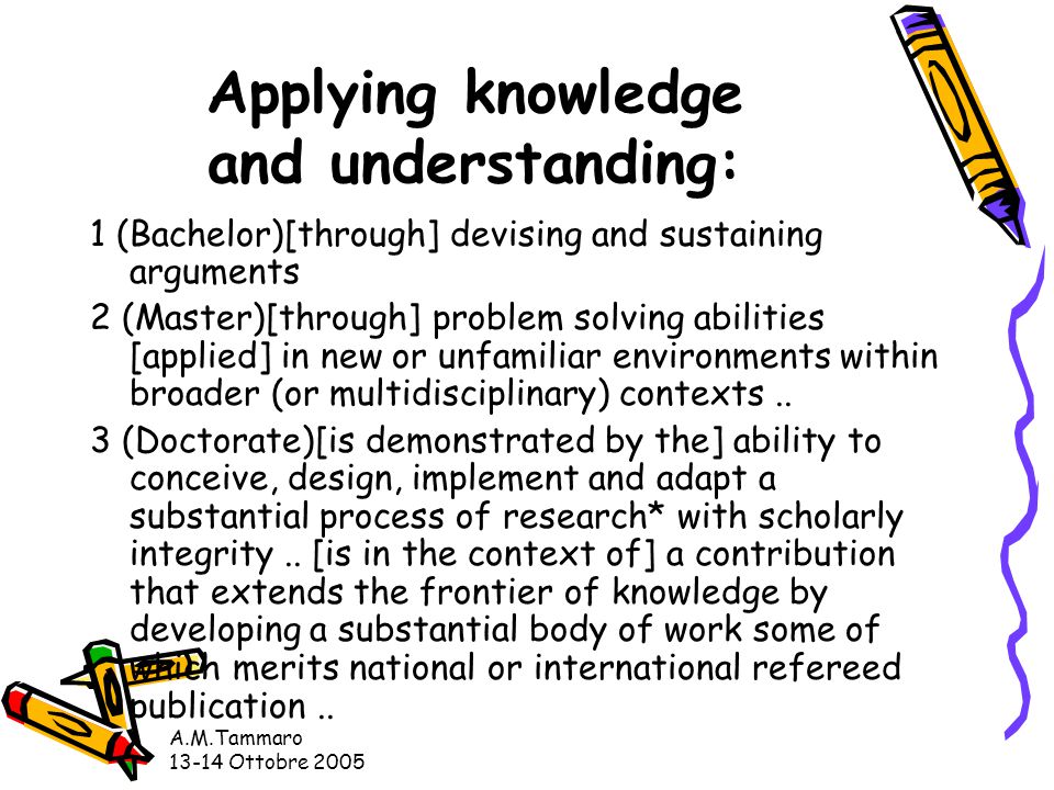 A.M.Tammaro Ottobre 2005 Applying knowledge and understanding: 1 (Bachelor)[through] devising and sustaining arguments 2 (Master)[through] problem solving abilities [applied] in new or unfamiliar environments within broader (or multidisciplinary) contexts..