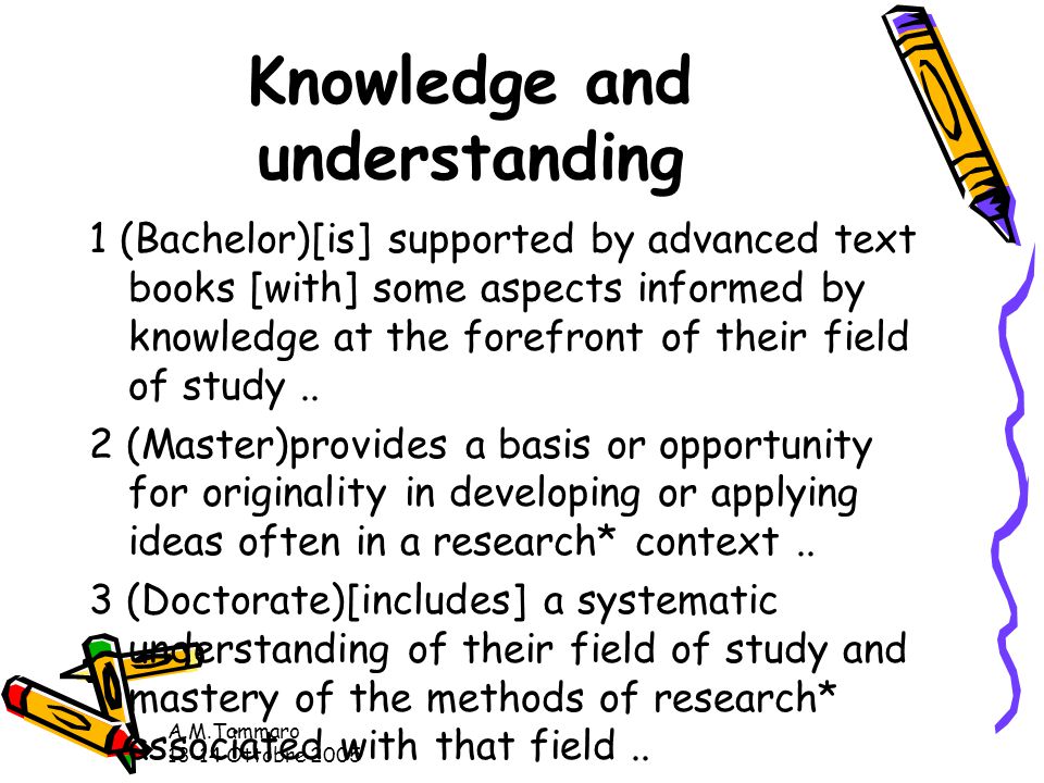 A.M.Tammaro Ottobre 2005 Knowledge and understanding 1 (Bachelor)[is] supported by advanced text books [with] some aspects informed by knowledge at the forefront of their field of study..