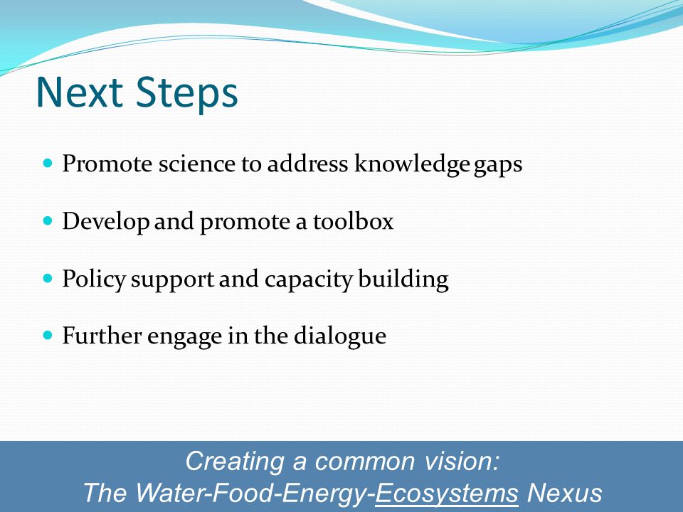 Next Steps Promote science to address knowledge gaps Develop and promote a toolbox Policy support and capacity building Further engage in the dialogue Creating a common vision: The Water-Food-Energy-Ecosystems Nexus