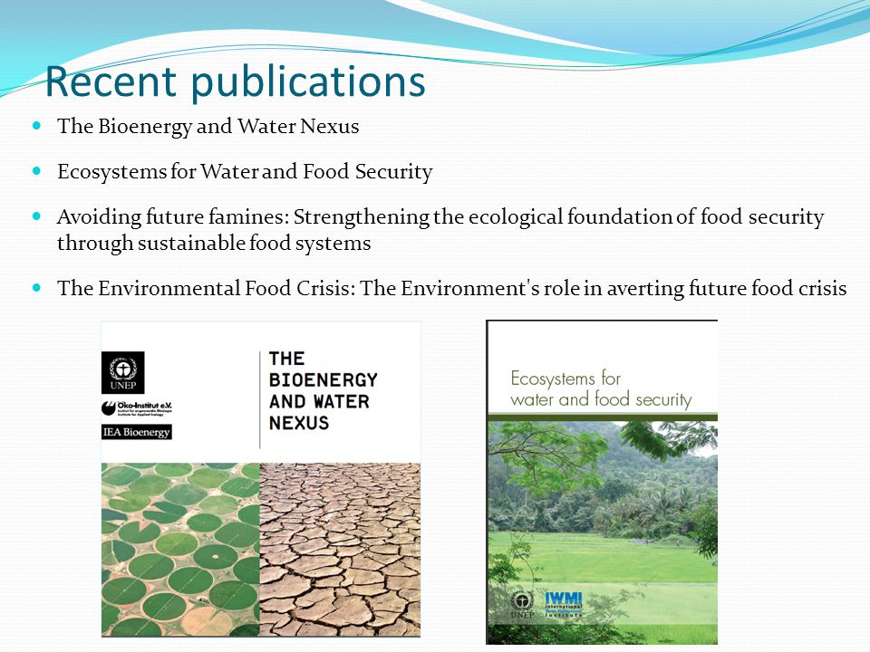 The Bioenergy and Water Nexus Ecosystems for Water and Food Security Avoiding future famines: Strengthening the ecological foundation of food security through sustainable food systems The Environmental Food Crisis: The Environment s role in averting future food crisis Recent publications