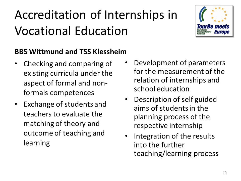 Accreditation of Internships in Vocational Education BBS Wittmund and TSS Klessheim Checking and comparing of existing curricula under the aspect of formal and non- formals competences Exchange of students and teachers to evaluate the matching of theory and outcome of teaching and learning Development of parameters for the measurement of the relation of internships and school education Description of self guided aims of students in the planning process of the respective internship Integration of the results into the further teaching/learning process 10