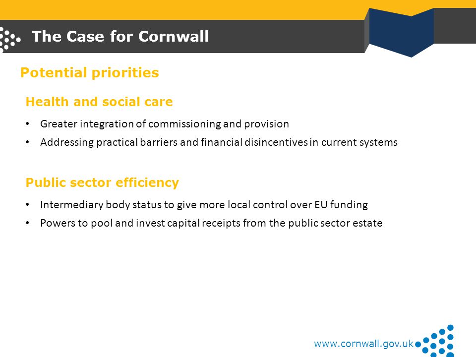 The Case for Cornwall Health and social care Greater integration of commissioning and provision Addressing practical barriers and financial disincentives in current systems Public sector efficiency Intermediary body status to give more local control over EU funding Powers to pool and invest capital receipts from the public sector estate Potential priorities
