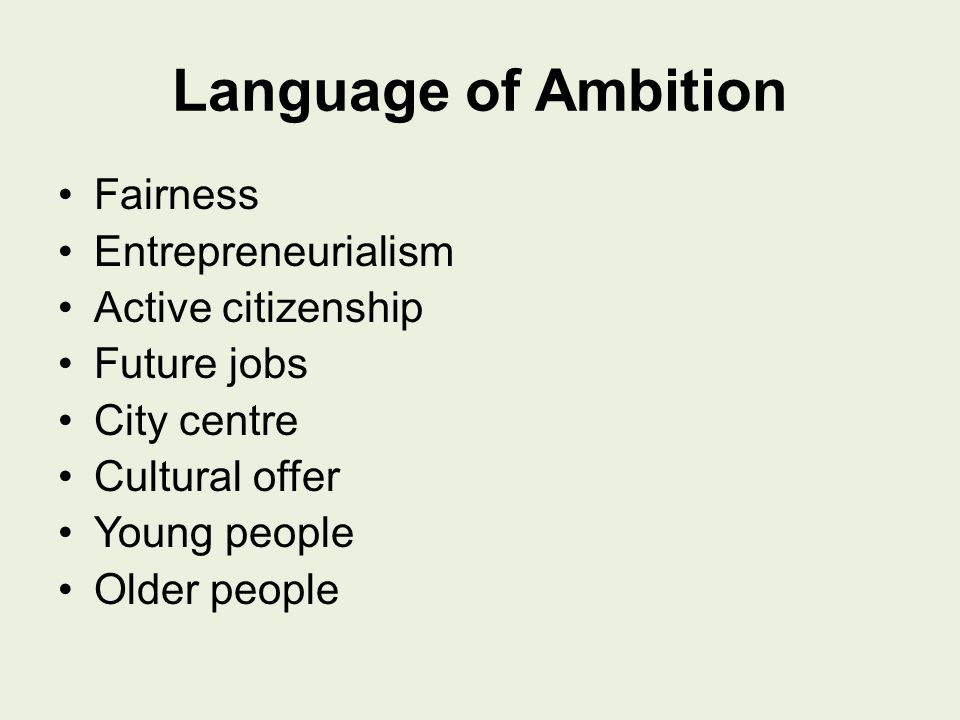 Language of Ambition Fairness Entrepreneurialism Active citizenship Future jobs City centre Cultural offer Young people Older people