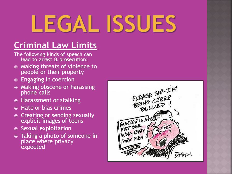 Criminal Law Limits The following kinds of speech can lead to arrest & prosecution:  Making threats of violence to people or their property  Engaging in coercion  Making obscene or harassing phone calls  Harassment or stalking  Hate or bias crimes  Creating or sending sexually explicit images of teens  Sexual exploitation  Taking a photo of someone in place where privacy expected