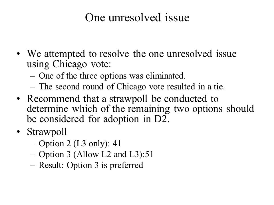 One unresolved issue We attempted to resolve the one unresolved issue using Chicago vote: –One of the three options was eliminated.