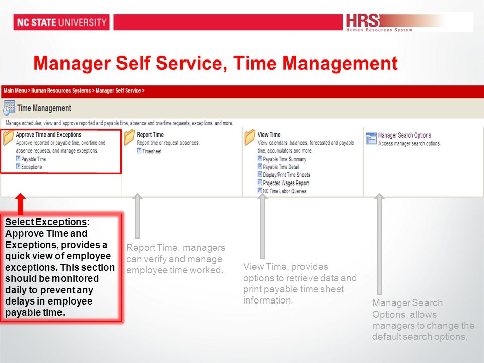 Manager Self Service, Time Management Report Time, managers can verify and manage employee time worked.