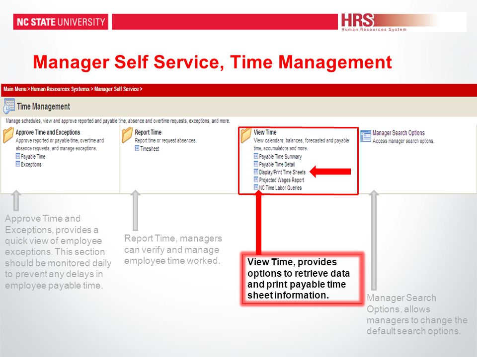 Manager Self Service, Time Management Report Time, managers can verify and manage employee time worked.