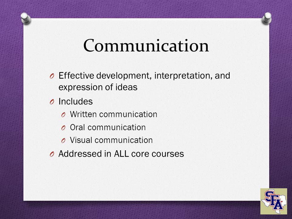 Communication O Effective development, interpretation, and expression of ideas O Includes O Written communication O Oral communication O Visual communication O Addressed in ALL core courses