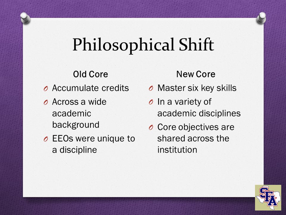 Philosophical Shift Old Core O Accumulate credits O Across a wide academic background O EEOs were unique to a discipline New Core O Master six key skills O In a variety of academic disciplines O Core objectives are shared across the institution