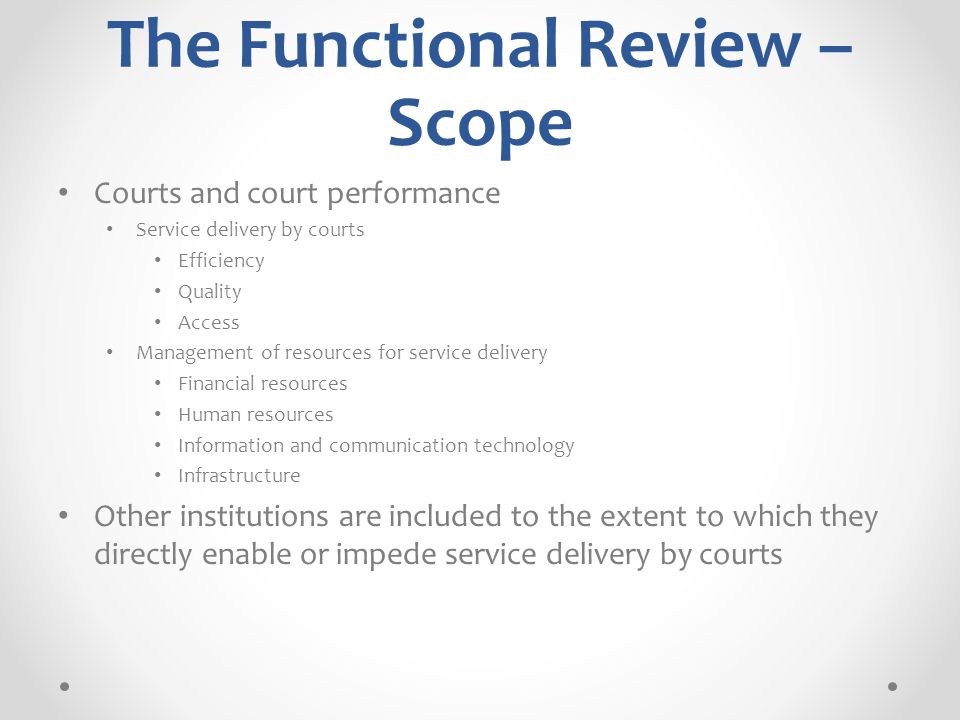 The Functional Review – Scope Courts and court performance Service delivery by courts Efficiency Quality Access Management of resources for service delivery Financial resources Human resources Information and communication technology Infrastructure Other institutions are included to the extent to which they directly enable or impede service delivery by courts