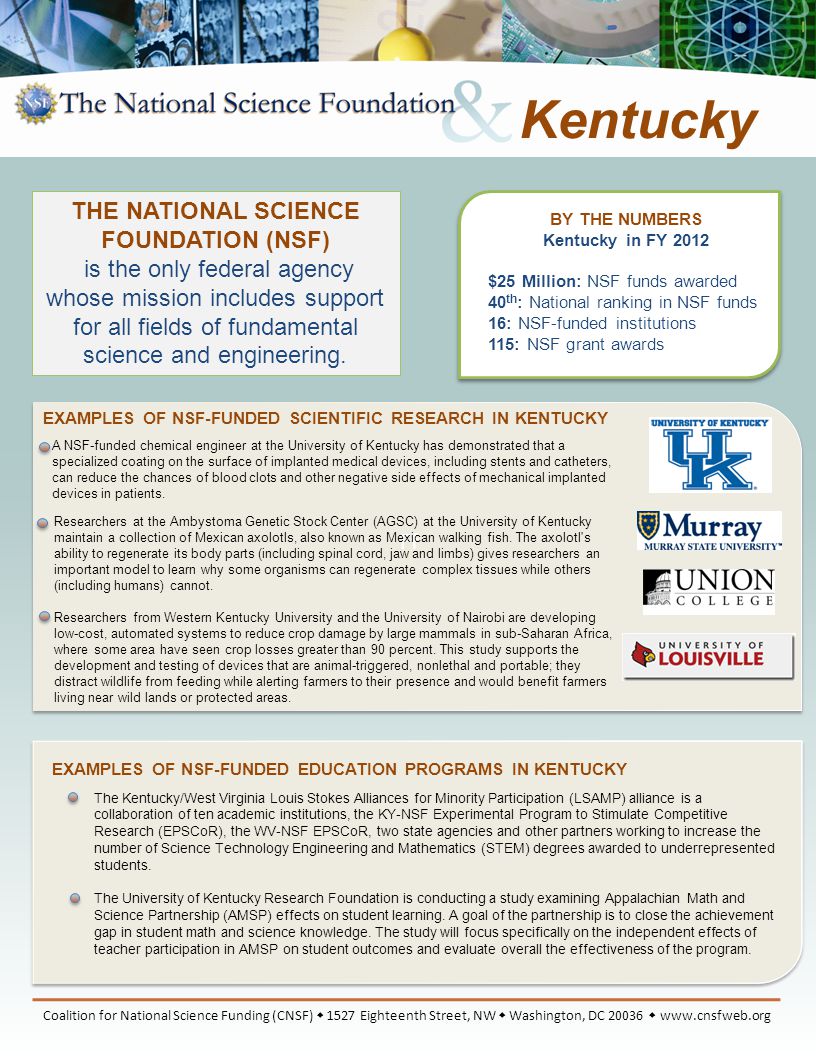 Ff BY THE NUMBERS Kentucky in FY 2012 $25 Million: NSF funds awarded 40 th : National ranking in NSF funds 16: NSF-funded institutions 115: NSF grant awards EXAMPLES OF NSF-FUNDED SCIENTIFIC RESEARCH IN KENTUCKY EXAMPLES OF NSF-FUNDED EDUCATION PROGRAMS IN KENTUCKY Coalition for National Science Funding (CNSF)  1527 Eighteenth Street, NW  Washington, DC    Kentucky A NSF-funded chemical engineer at the University of Kentucky has demonstrated that a specialized coating on the surface of implanted medical devices, including stents and catheters, can reduce the chances of blood clots and other negative side effects of mechanical implanted devices in patients.