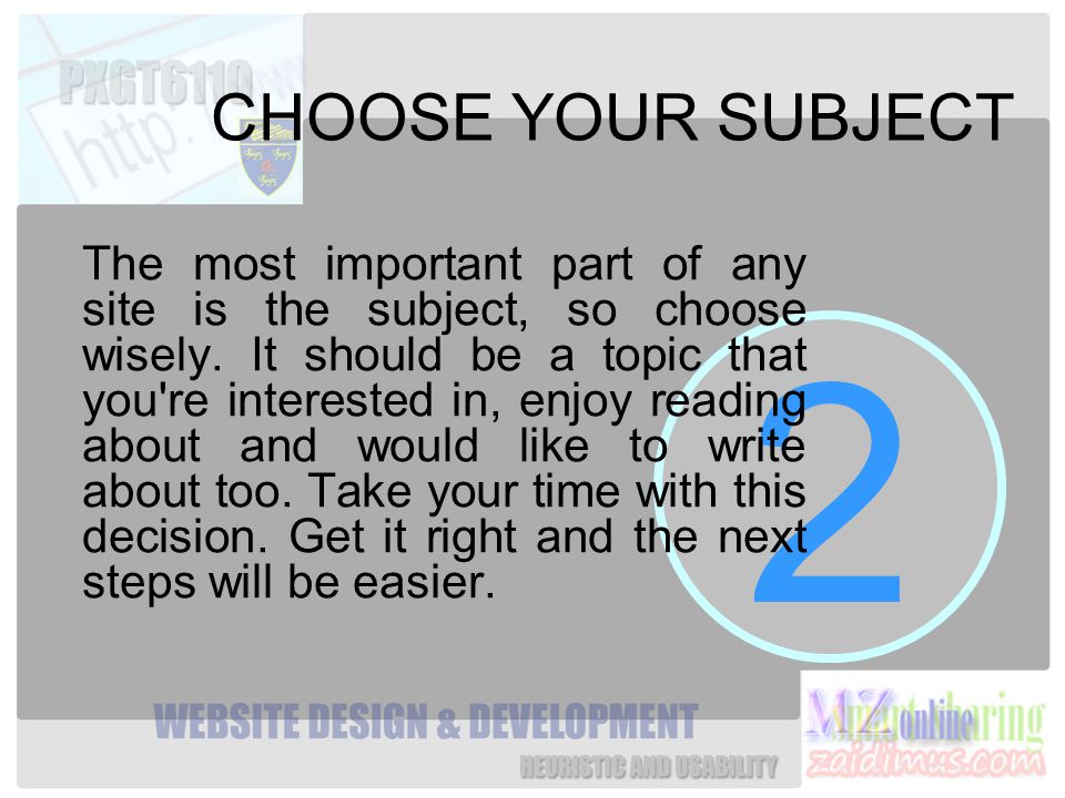 2 CHOOSE YOUR SUBJECT The most important part of any site is the subject, so choose wisely.