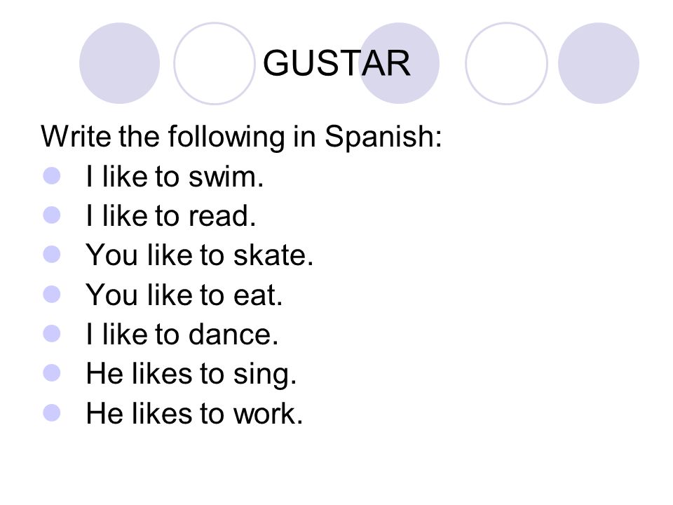 GUSTAR Write the following in Spanish: I like to swim.
