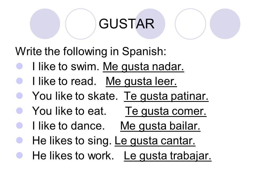 GUSTAR Write the following in Spanish: I like to swim.