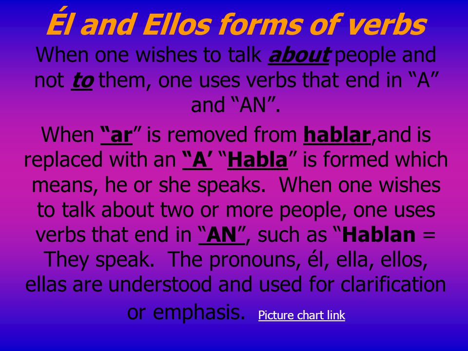 Él and Ellos forms of verbs When one wishes to talk about people and not to them, one uses verbs that end in A and AN .