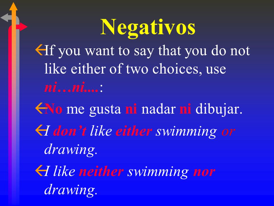 Negativos ßIf you want to say that you do not like either of two choices, use ni…ni....: ßNo me gusta ni nadar ni dibujar.