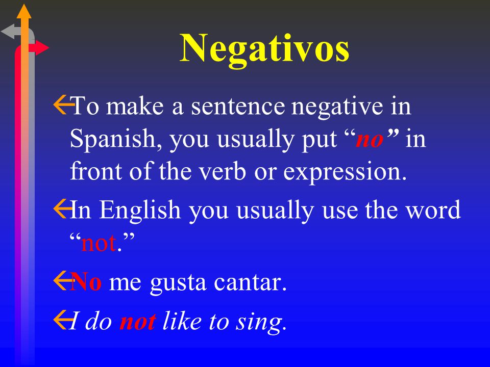 Negativos ßTo make a sentence negative in Spanish, you usually put no in front of the verb or expression.