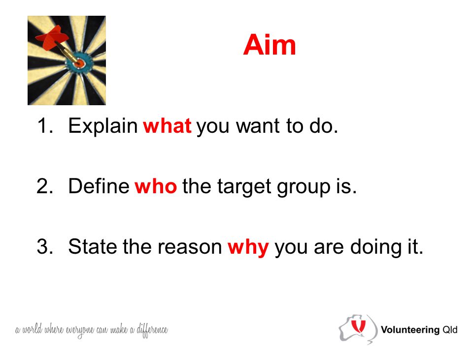 Aim 1.Explain what you want to do. 2.Define who the target group is.