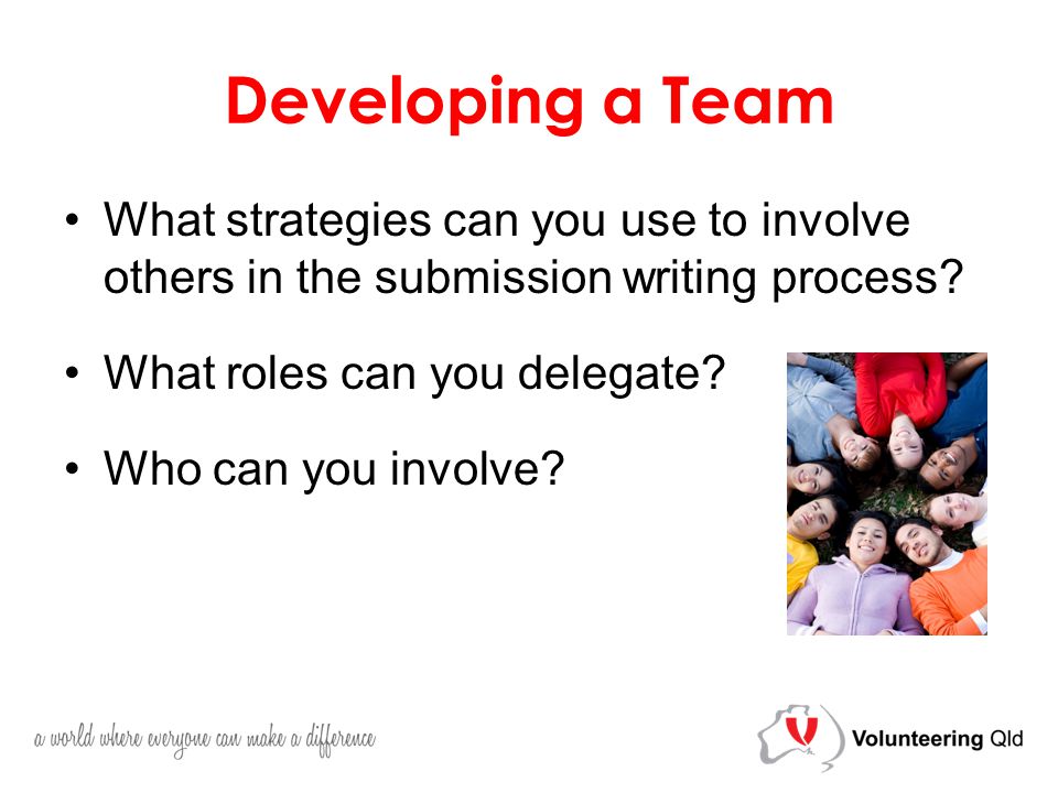 Developing a Team What strategies can you use to involve others in the submission writing process.