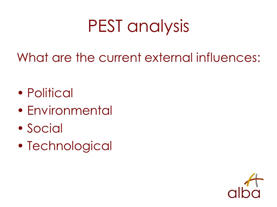 PEST analysis What are the current external influences: Political Environmental Social Technological