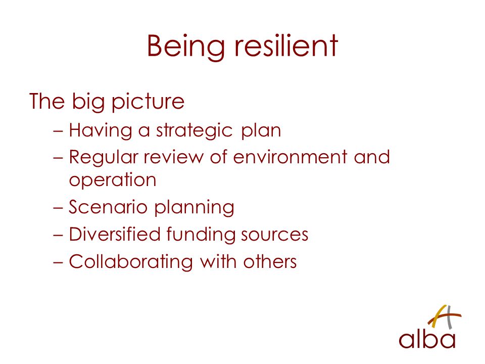 Being resilient The big picture –Having a strategic plan –Regular review of environment and operation –Scenario planning –Diversified funding sources –Collaborating with others