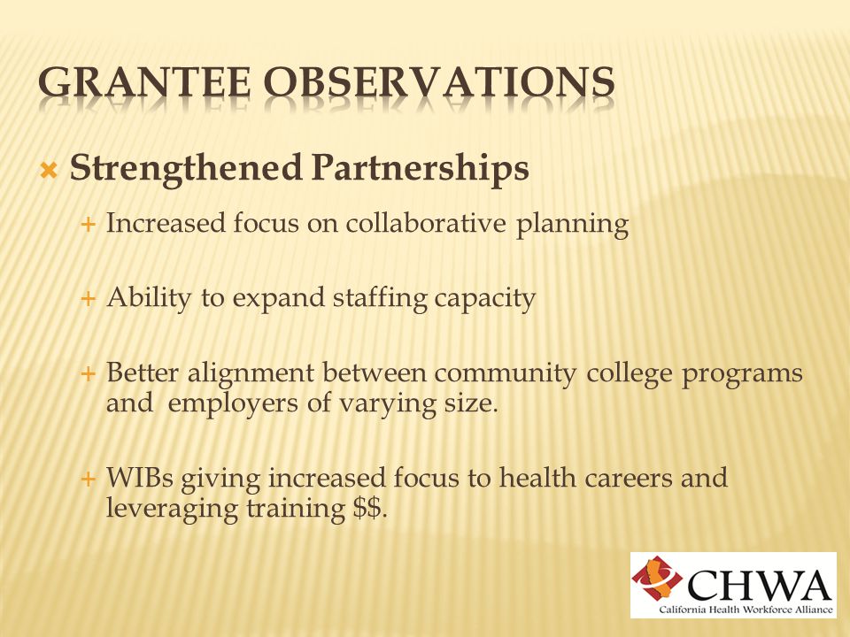  Strengthened Partnerships  Increased focus on collaborative planning  Ability to expand staffing capacity  Better alignment between community college programs and employers of varying size.