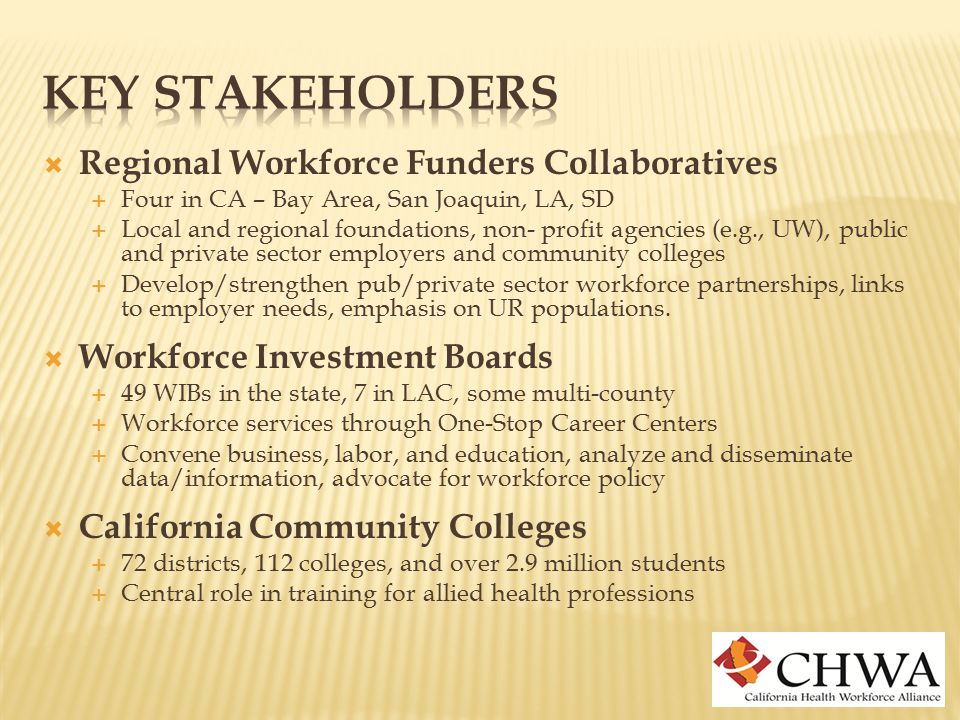  Regional Workforce Funders Collaboratives  Four in CA – Bay Area, San Joaquin, LA, SD  Local and regional foundations, non- profit agencies (e.g., UW), public and private sector employers and community colleges  Develop/strengthen pub/private sector workforce partnerships, links to employer needs, emphasis on UR populations.