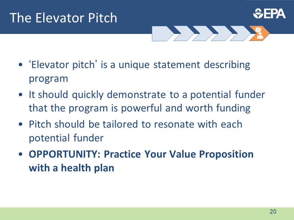 The Elevator Pitch ‘Elevator pitch’ is a unique statement describing program It should quickly demonstrate to a potential funder that the program is powerful and worth funding Pitch should be tailored to resonate with each potential funder OPPORTUNITY: Practice Your Value Proposition with a health plan 20