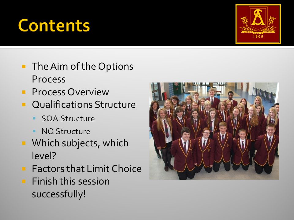 The Aim of the Options Process  Process Overview  Qualifications Structure  SQA Structure  NQ Structure  Which subjects, which level.