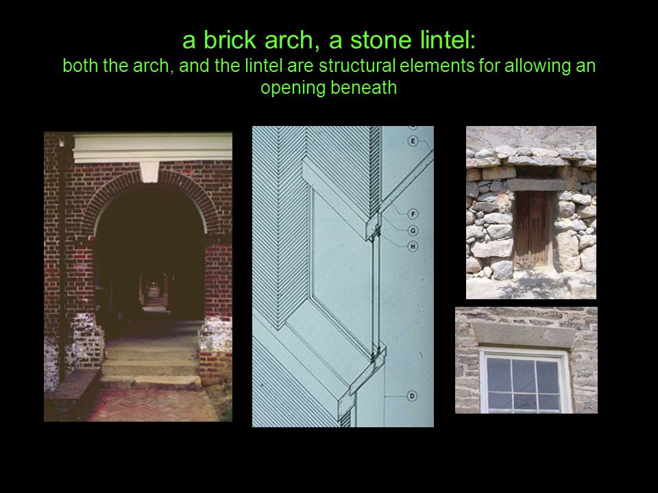 a brick arch, a stone lintel: both the arch, and the lintel are structural elements for allowing an opening beneath
