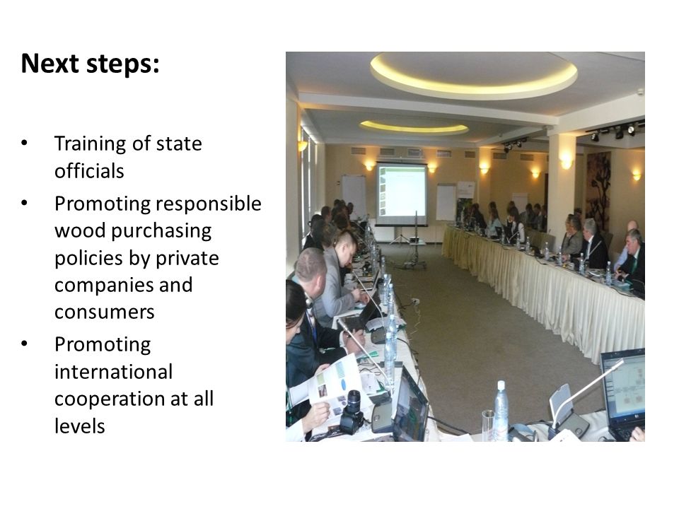 Next steps: Training of state officials Promoting responsible wood purchasing policies by private companies and consumers Promoting international cooperation at all levels