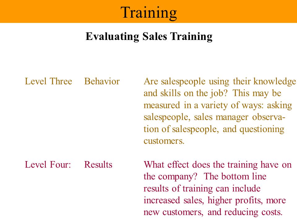 Training Evaluating Sales Training Level ThreeBehaviorAre salespeople using their knowledge and skills on the job.