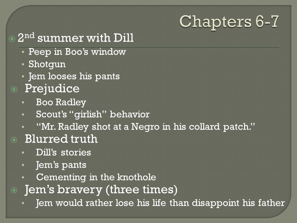  2 nd summer with Dill Peep in Boo’s window Shotgun Jem looses his pants  Prejudice Boo Radley Scout’s girlish behavior Mr.