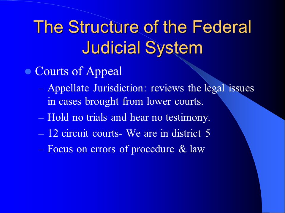 The Structure of the Federal Judicial System Courts of Appeal – Appellate Jurisdiction: reviews the legal issues in cases brought from lower courts.