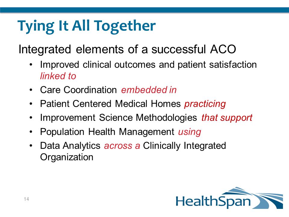 Tying It All Together Integrated elements of a successful ACO Improved clinical outcomes and patient satisfaction linked to Care Coordination embedded in Patient Centered Medical Homes practicing Improvement Science Methodologies that support Population Health Management using Data Analytics across a Clinically Integrated Organization 14