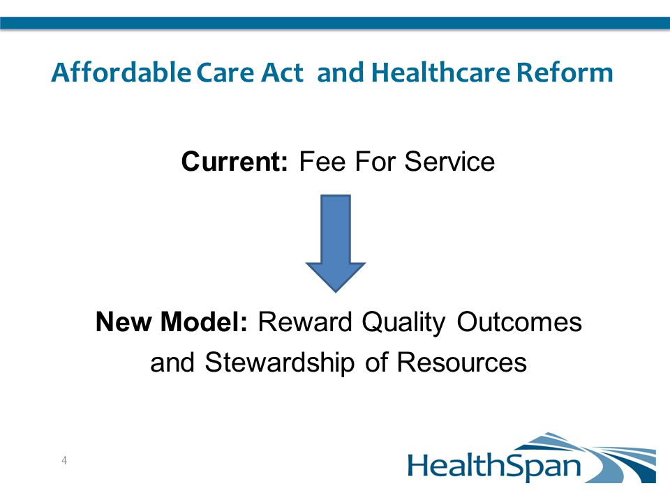 Affordable Care Act and Healthcare Reform Current: Fee For Service New Model: Reward Quality Outcomes and Stewardship of Resources 4