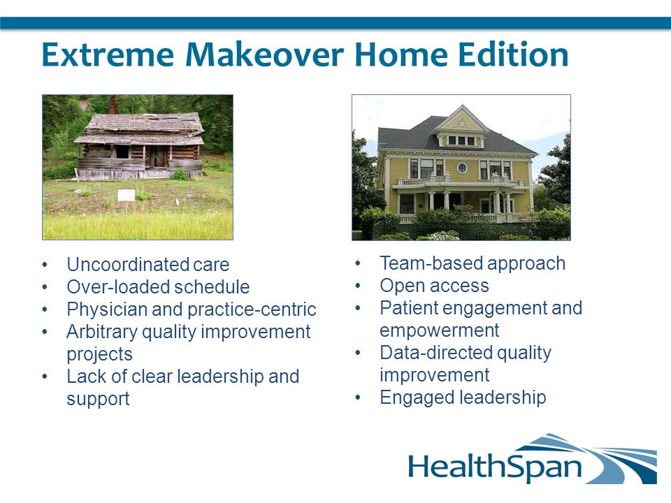 Extreme Makeover Home Edition Team-based approach Open access Patient engagement and empowerment Data-directed quality improvement Engaged leadership Uncoordinated care Over-loaded schedule Physician and practice-centric Arbitrary quality improvement projects Lack of clear leadership and support