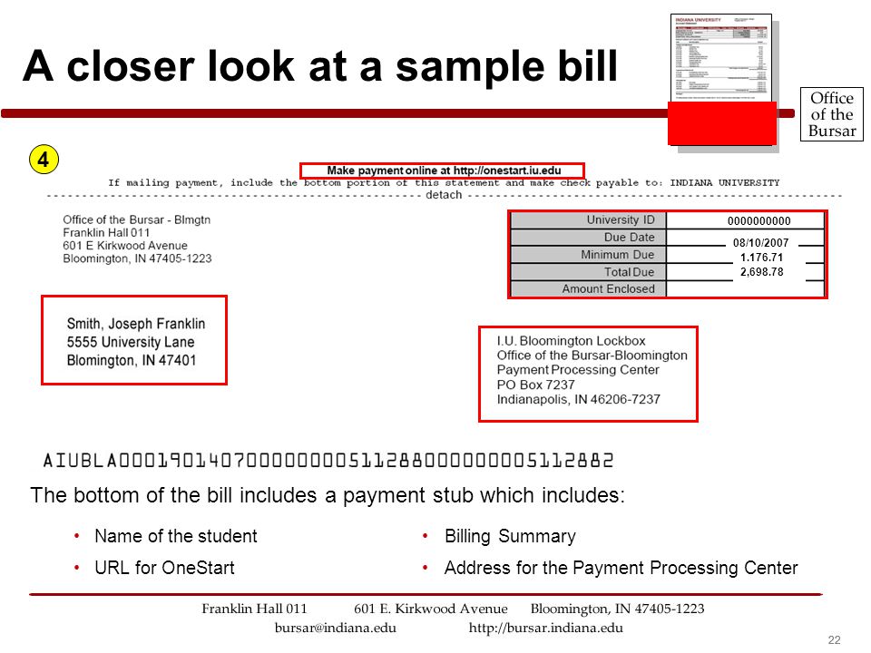 22 A closer look at a sample bill The bottom of the bill includes a payment stub which includes: 4 Name of the student URL for OneStart Billing Summary Address for the Payment Processing Center 08/10/ /10/2007 1, ,698.78