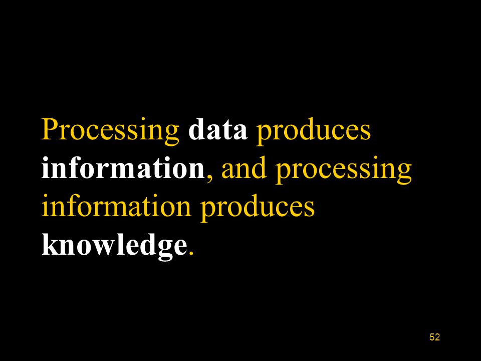 52 Processing data produces information, and processing information produces knowledge.