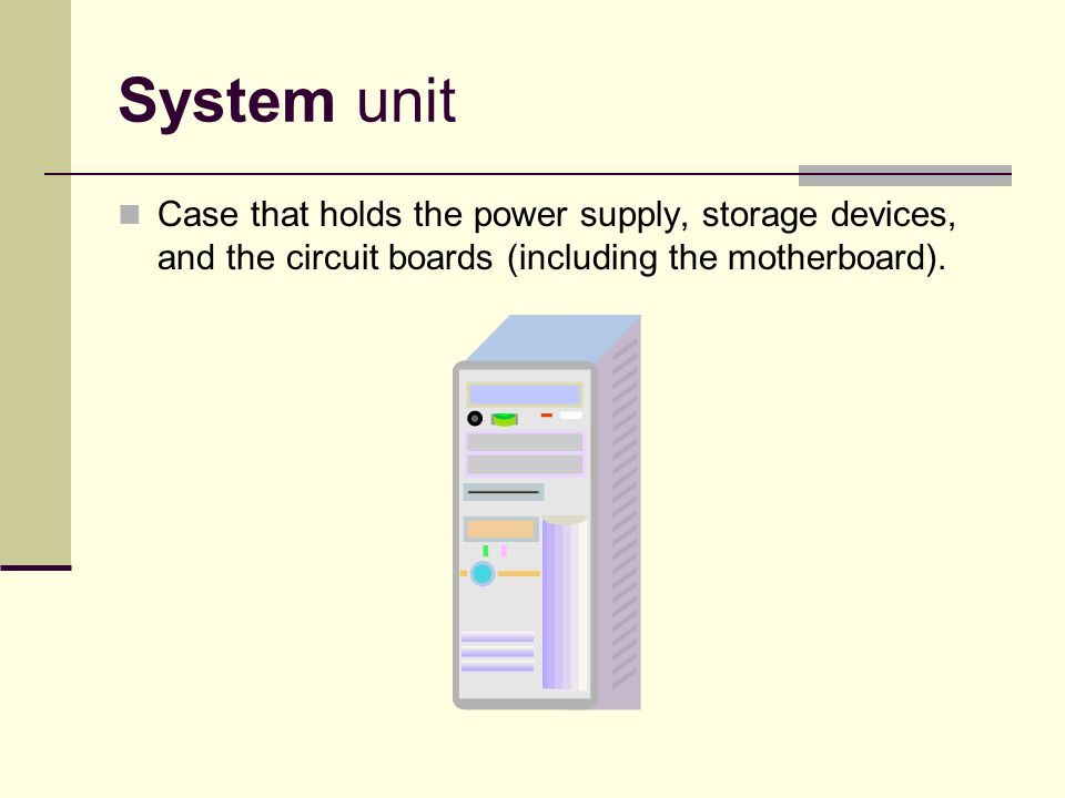System unit Case that holds the power supply, storage devices, and the circuit boards (including the motherboard).