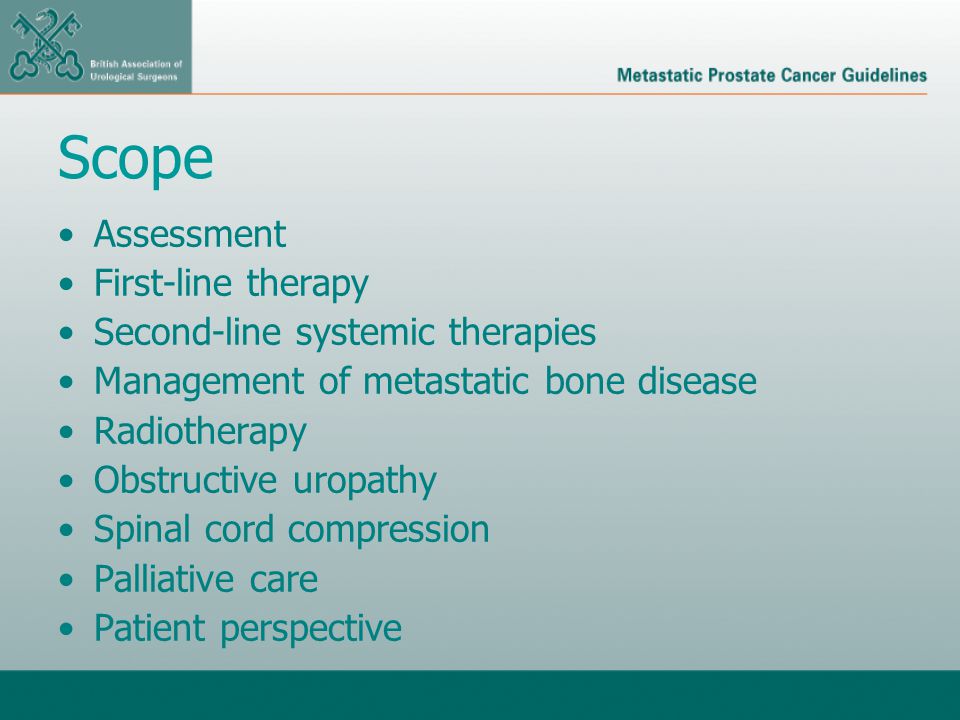Scope Assessment First-line therapy Second-line systemic therapies Management of metastatic bone disease Radiotherapy Obstructive uropathy Spinal cord compression Palliative care Patient perspective