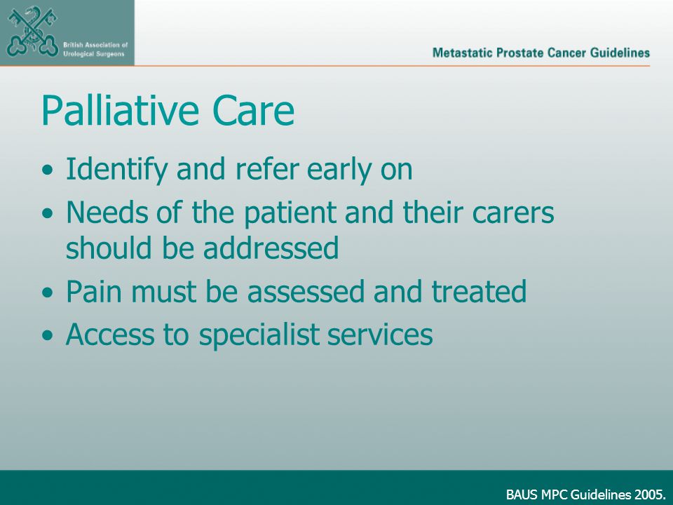 Palliative Care Identify and refer early on Needs of the patient and their carers should be addressed Pain must be assessed and treated Access to specialist services BAUS MPC Guidelines 2005.