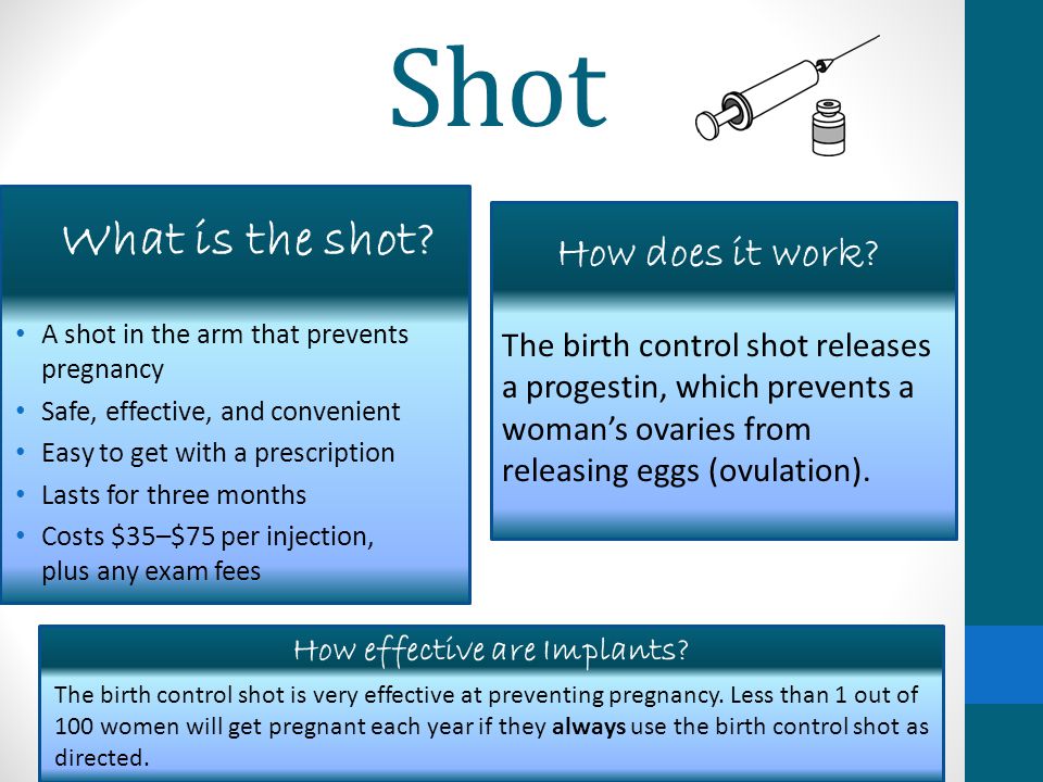 Shot A shot in the arm that prevents pregnancy Safe, effective, and convenient Easy to get with a prescription Lasts for three months Costs $35–$75 per injection, plus any exam fees The birth control shot releases a progestin, which prevents a woman’s ovaries from releasing eggs (ovulation).