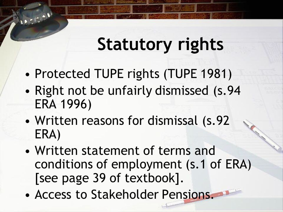Statutory rights Provide a list of reasons why an employee may be eligible to time off from work (see pages of textbook) - s.50 ERA 1996.
