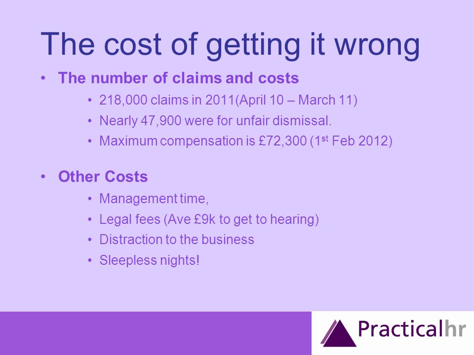 The cost of getting it wrong The number of claims and costs 218,000 claims in 2011(April 10 – March 11) Nearly 47,900 were for unfair dismissal.