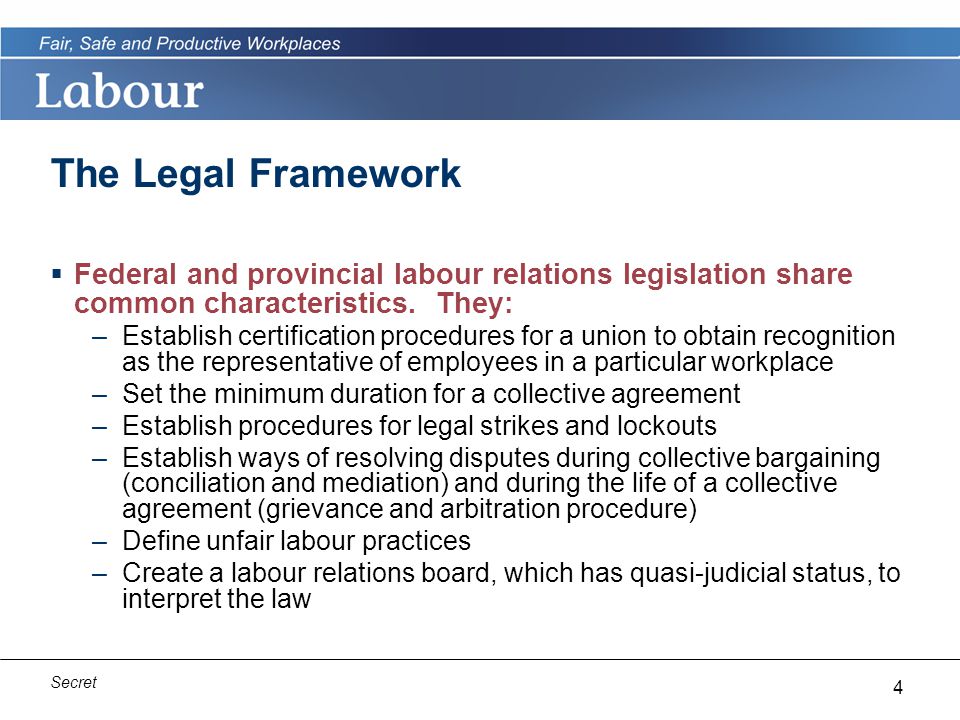 4 Secret The Legal Framework  Federal and provincial labour relations legislation share common characteristics.