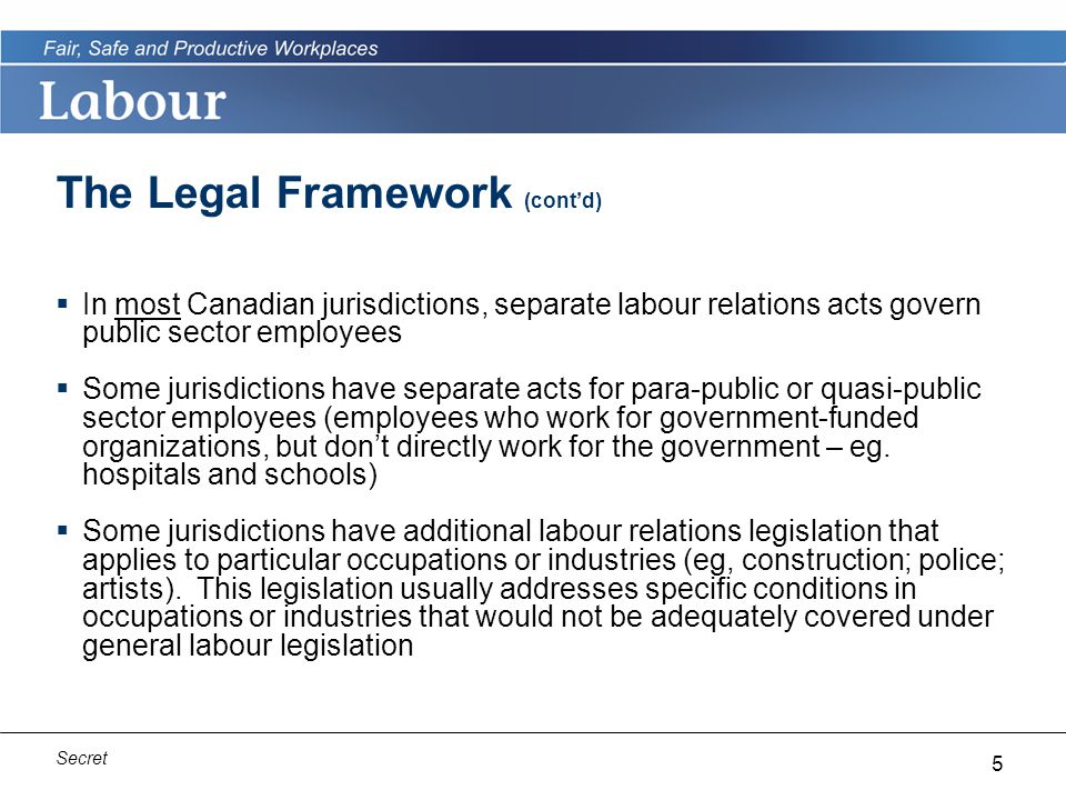 5 Secret The Legal Framework (cont’d)  In most Canadian jurisdictions, separate labour relations acts govern public sector employees  Some jurisdictions have separate acts for para-public or quasi-public sector employees (employees who work for government-funded organizations, but don’t directly work for the government – eg.
