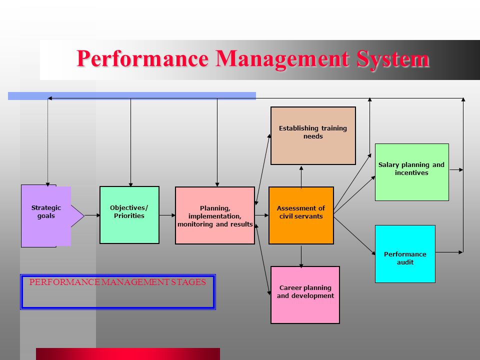 Performance Management System Performance Management System Establishing training needs Career planning and development Objectives/ Priorities Planning, implementation, monitoring and results Assessment of civil servants Salary planning and incentives Performance audit Strategic goals PERFORMANCE MANAGEMENT STAGES