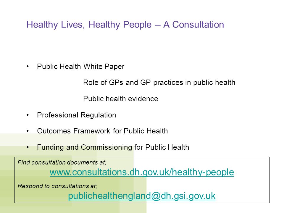 Healthy Lives, Healthy People – A Consultation Public Health White Paper Role of GPs and GP practices in public health Public health evidence Professional Regulation Outcomes Framework for Public Health Funding and Commissioning for Public Health Find consultation documents at;   Respond to consultations at;