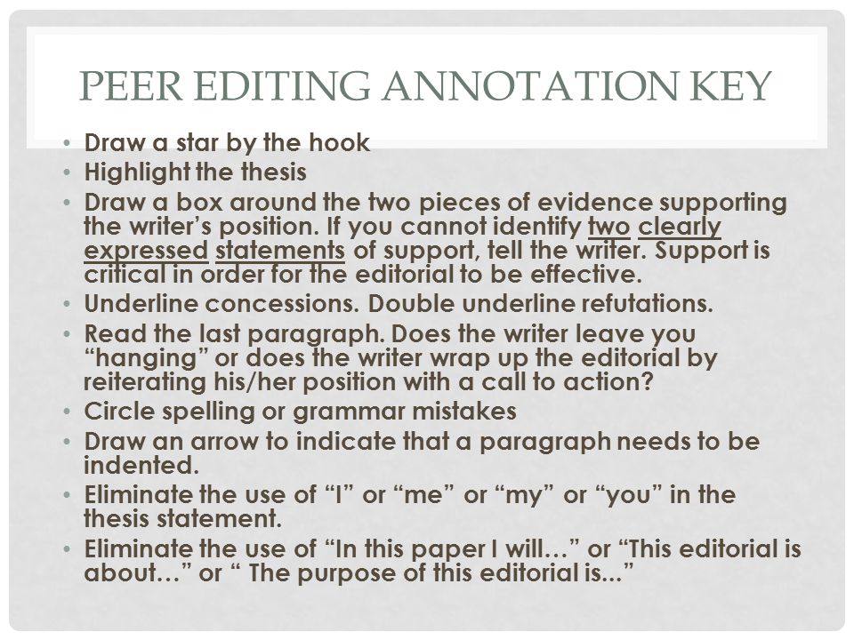 PEER EDITING ANNOTATION KEY Draw a star by the hook Highlight the thesis Draw a box around the two pieces of evidence supporting the writer’s position.